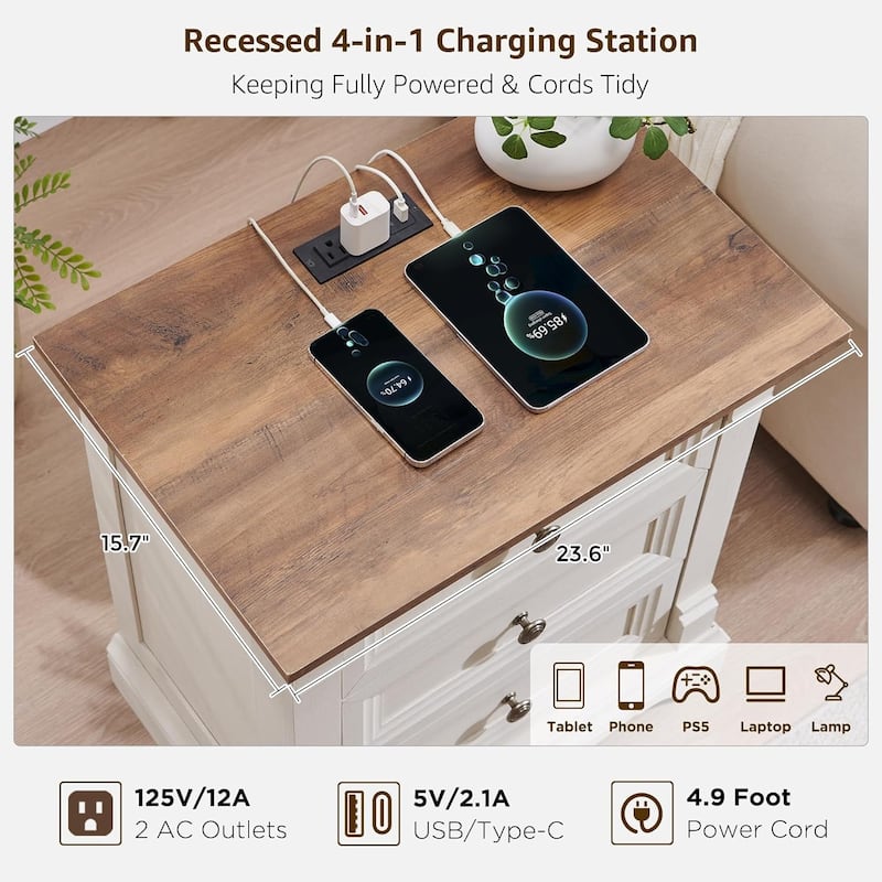 Farmhouse 3 Drawers Nightstand with Charging Station, Rustic End Table