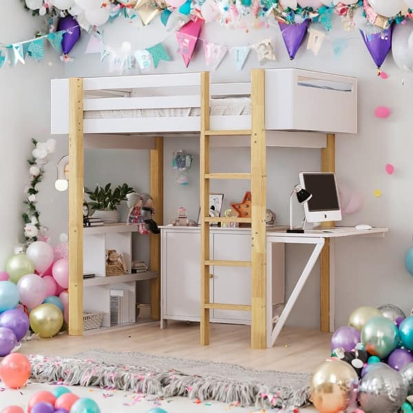 slide 2 of 38, Modern Twin Size Loft Bed With Built-in Storage Cabinet and Cubes,Foldable desk,Sturdy Frame,s White