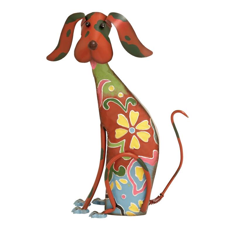 Multi Colored Metal Indoor Outdoor Dog Garden Sculpture with Floral Pattern