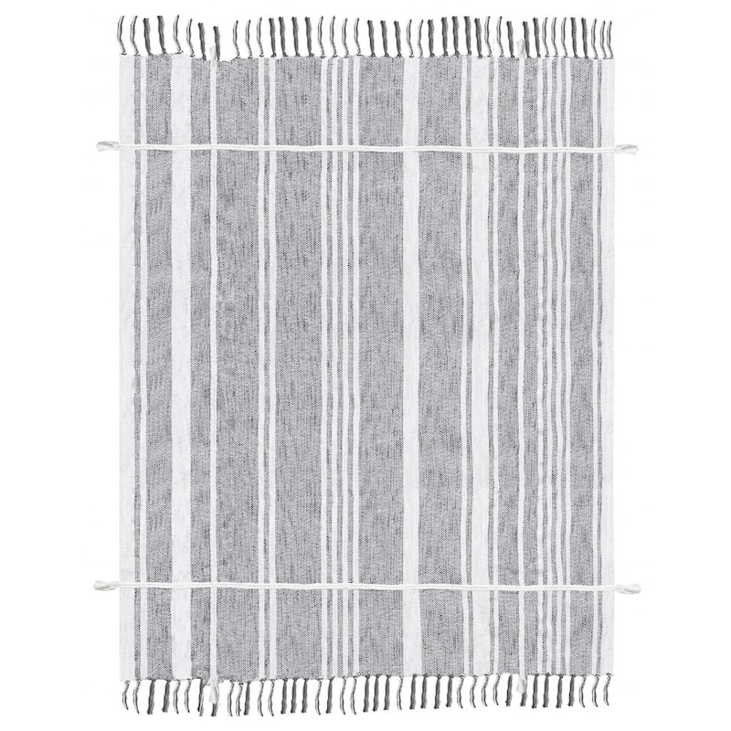 50" X 60" Gray and White Kantha Cotton Striped Throw Blanket with Embroidery