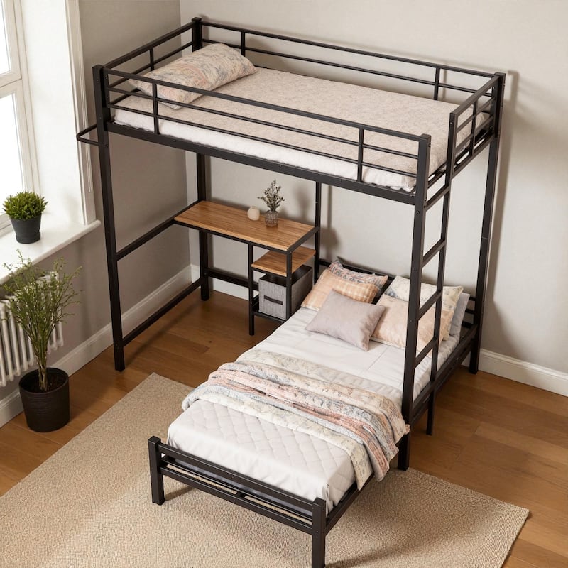 Twin Over Twin Metal Bunk Bed with Desk, L-Shaped Loft Design, Storage Shelves, Drawers, Guardrails and Ladder for Teens - Black - Twin