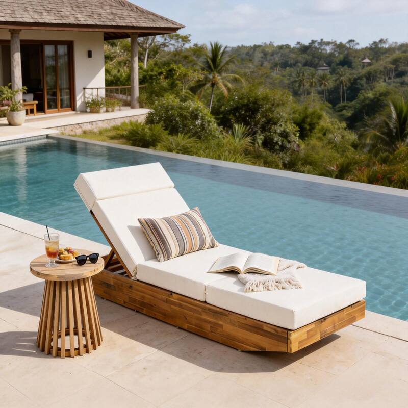 Christopher Knight Home - Outdoor Acacia Wood Chaise Lounge, Water-Repellent Cushion, Ergonomic Adjustable Headrest - 79.6"L - Teak Finish+Cream Cushion