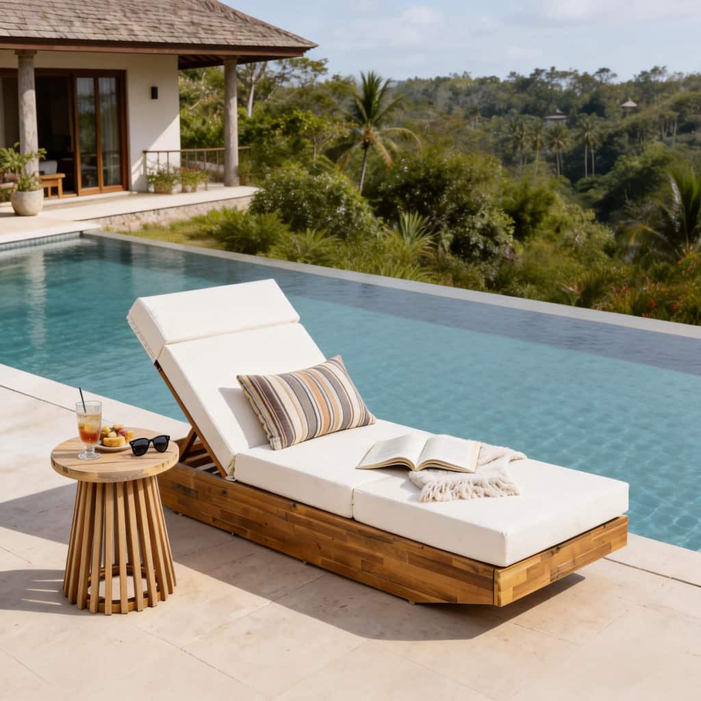 Christopher Knight Home - Outdoor Acacia Wood Chaise Lounge, Water-Repellent Cushion, Ergonomic Adjustable Headrest - 79.6"L