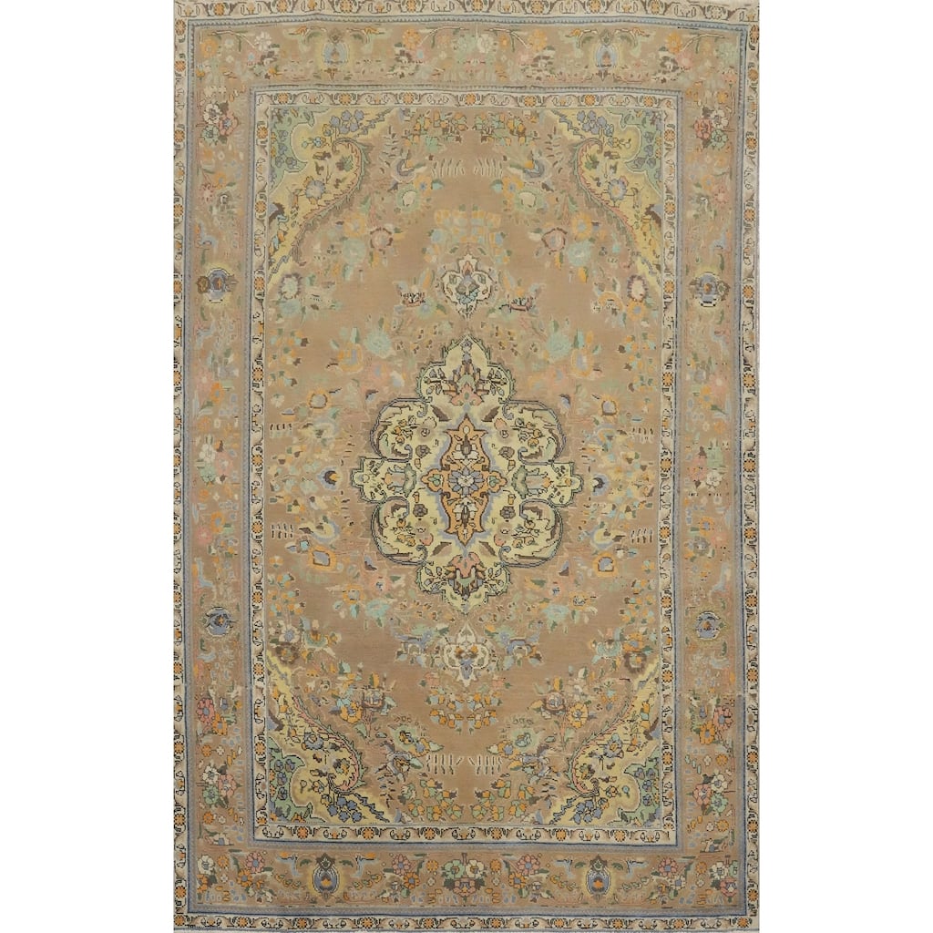 Hand Knotted Oriental 100% Wool Carpet Traditional Floral Brown Tabriz Area Rug - 9' 8'' X 6' 10''