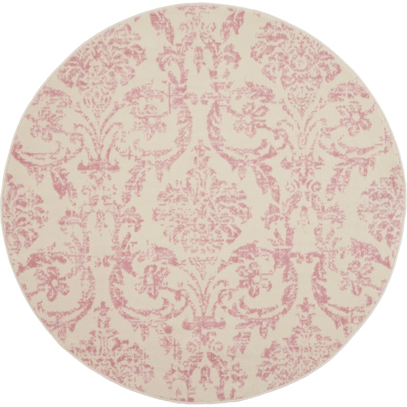 Nourison Jane Farmhouse Vintage Indoor only Damask Area Rug - 5'3" x Round - Ivory/Pink