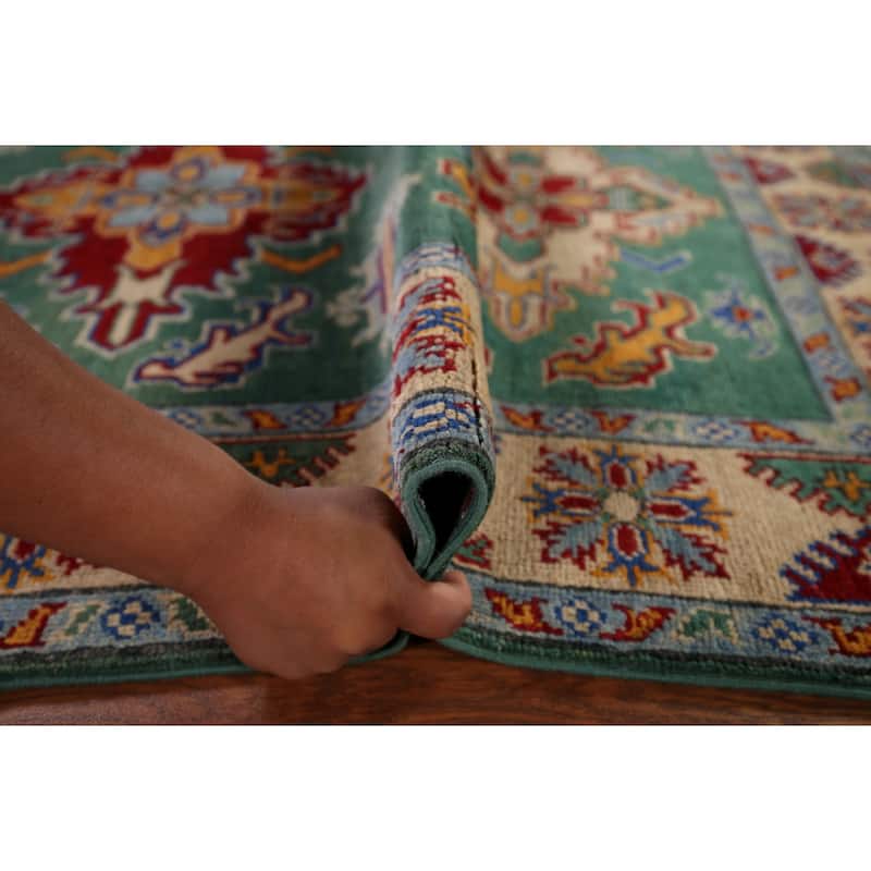 Oriental Green Geometric Kazak Area Rug Handmade Wool Carpet - 4'0" x 5'9"