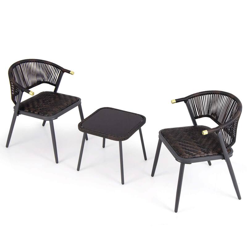 3 PCS Patio Rattan Furniture Set Padded Chairs Set w/ Side Table - Mix Brown+Black