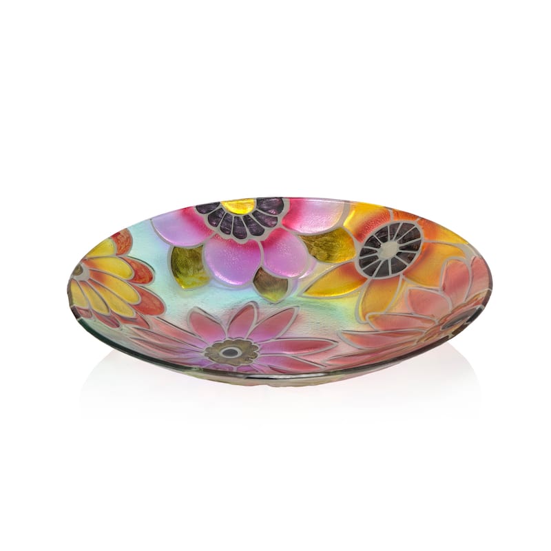 Alpine Corporation 18" Round Outdoor Birdbath Bowl Topper with Colorful Painted Flowers Design