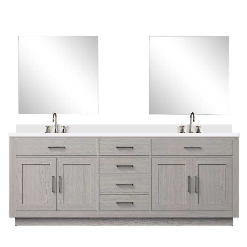 Abbey Bath Vanity with Quartz Top, Sink, Mirror and Faucet - 84 inch - White Oak
