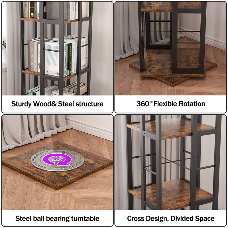 Corner Rotating Bookshelf, 360 Display Wood Spinning Bookshelf, Floor Standing Bookcase Organizer Storage Rack