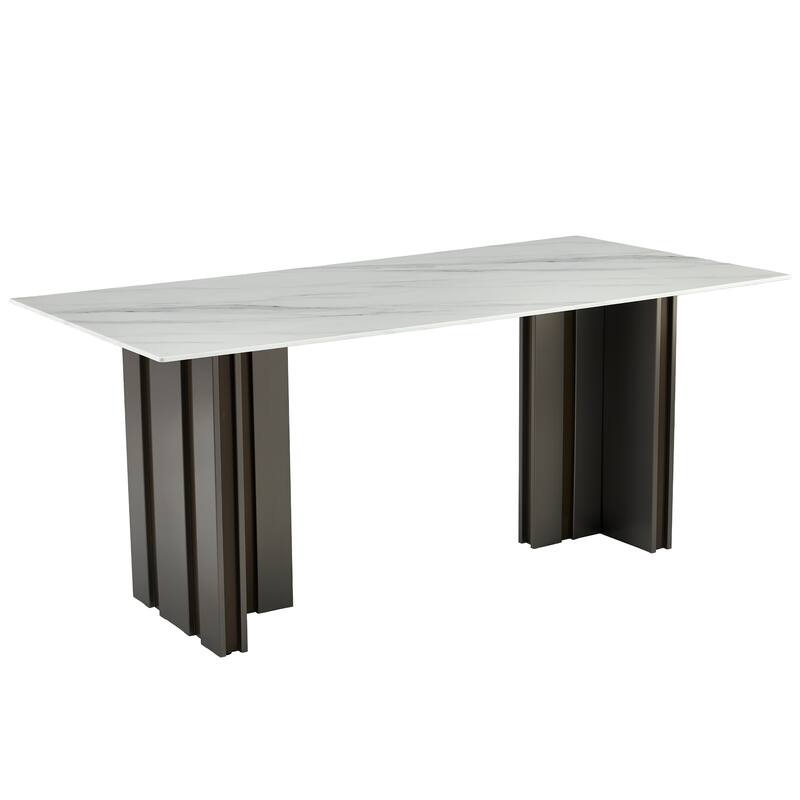 69 Inch Rectangular Dining Table with Marble Texture Glass Top for 4-6 People