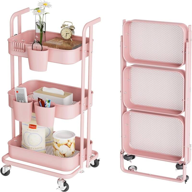 3 Tier Foldable Rolling Cart - 15"D x 17.2"W x 36.6"H