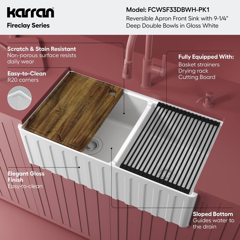 Karran 33" Double Bowl Workstation Fireclay Kitchen Sink with Reversible Fluted Apron Front