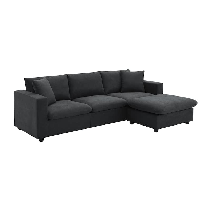 Black 100.4'' Polyester L-Shaped 4-Seat Sectional Sofa Couch with Convertible Ottoman and 2 Decorative Pillows