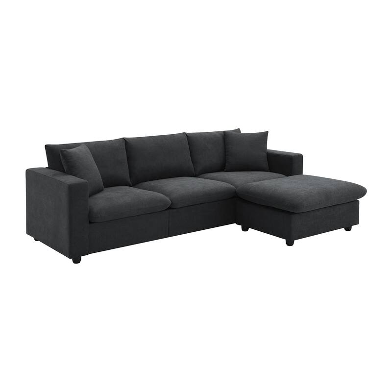 L-shaped Couch Set with 2 Free pillows,4-seat Polyester Fabric Couch Set with Convertible Ottoman for Living Room, Apartment - Black