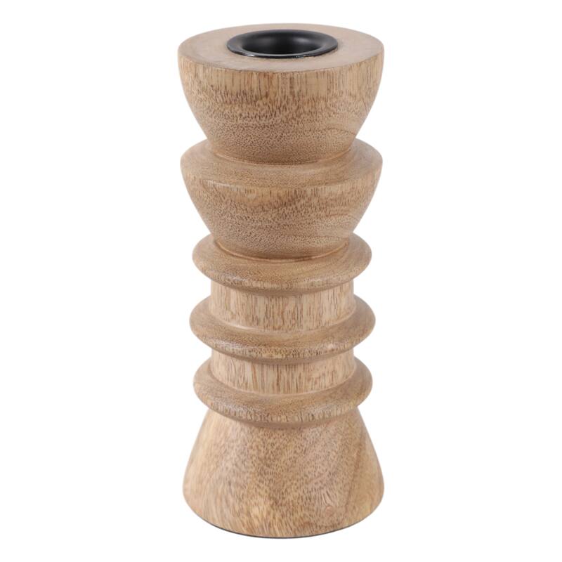 Mango Wood Modern Totem Carved Taper Holder - Tan