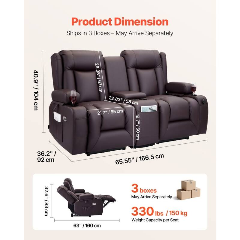 Brown PU Leather Electric Recliner Loveseat with Massage, Heating and USB Ports - 65.55 x 36.2 x 40.9 in