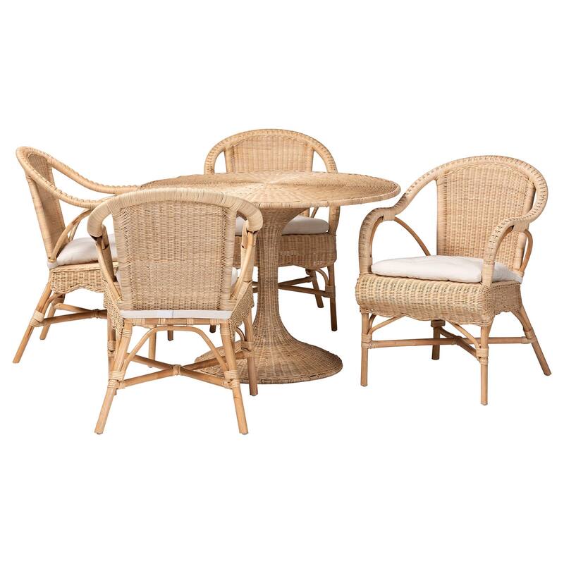 Liam 5-Piece Natural Rattan Dining Set - Handwoven Wicker Dining Furniture with Cushioned Seats, Boho Coastal Dining Room Set - Light Honey