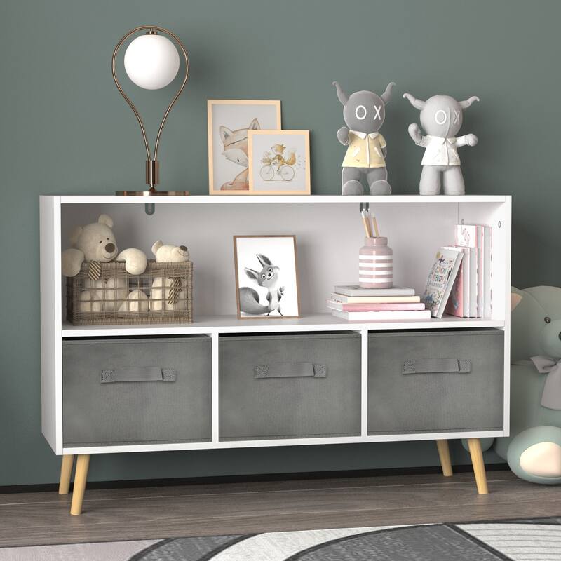 Anmytek White/Gray Kids Storage Organizer with Fabric Drawers White Bookcase Toy Display Shelf
