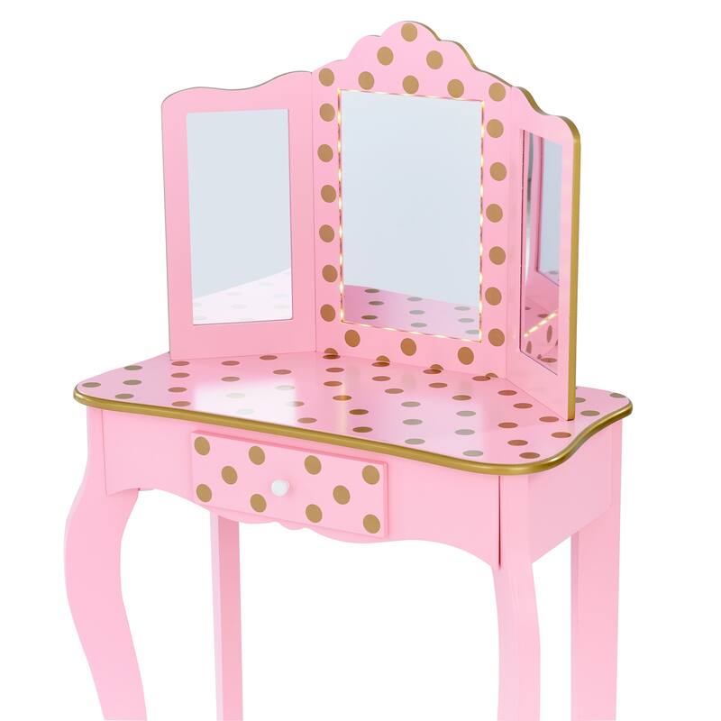 Teamson Kids - Fashion Polka Dot Prints Gisele Play Vanity Set with LED Mirror Light - Pink / Rose Gold
