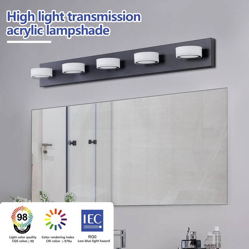 37" Modern 5-Light LED Vanity Light Fixture - with Acrylic Light Shades - Energy-Efficient Bathroom Wall Sconce