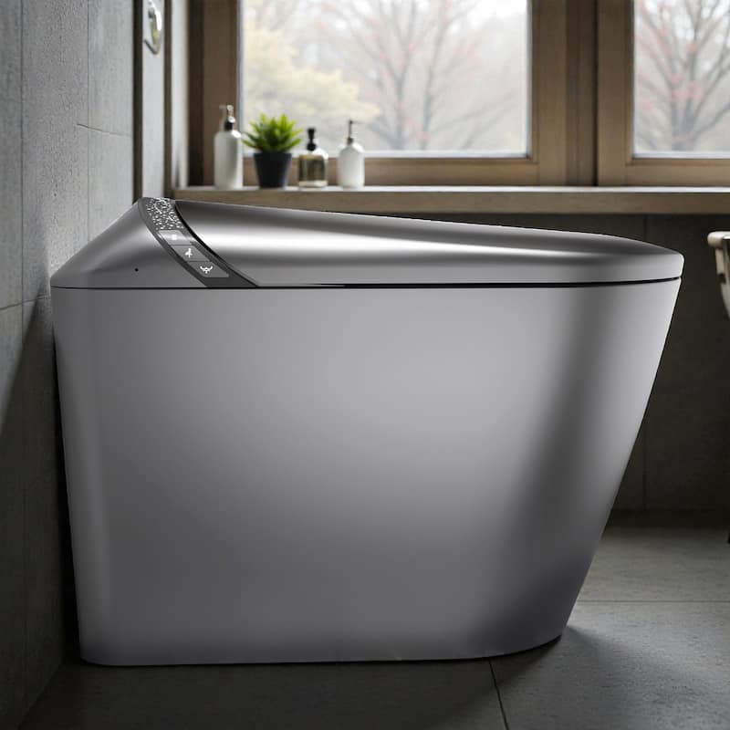 Elongated Smart Toilet with Built In Bidet. Tankless Design. Auto Open Close Seat. Foot Sensor. Warm Water Dryer