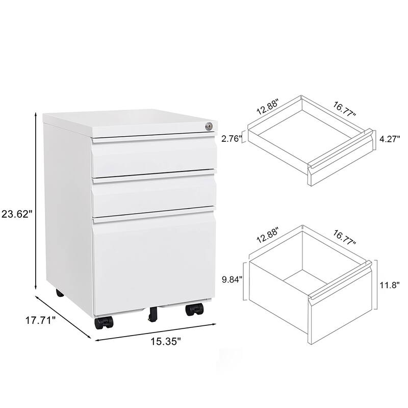 Modern Mobile File Cabinet, Stylish File Cabinet with 3 Drawers, 5 Casters and Lock, for Offices and Studies, White
