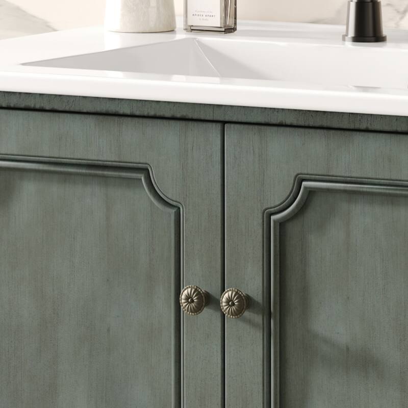 30" Vintage Beautifully Bathroom Vanity Storage Cabinet with Antique Handles, Rubber Wood Legs and Adjustable Shelves