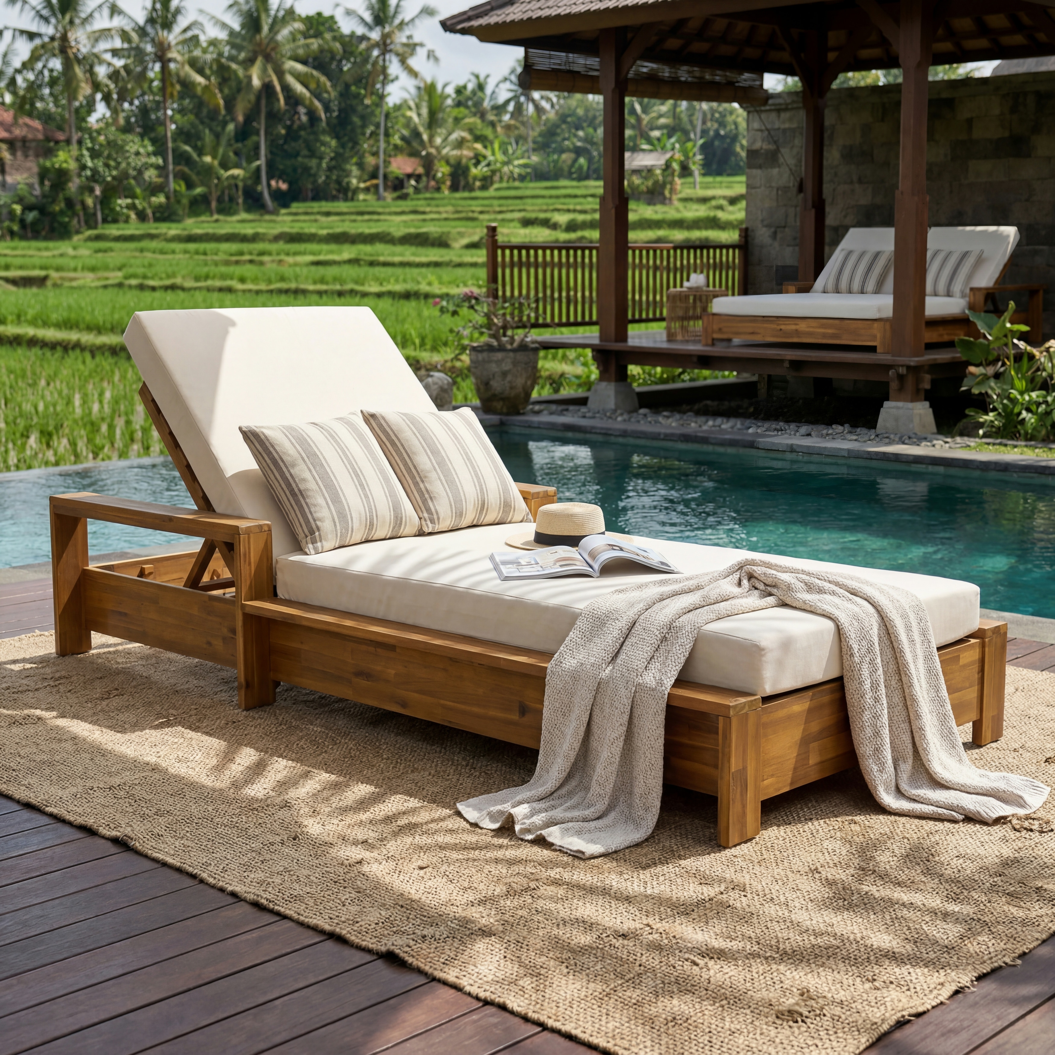 Christopher Knight Home - Kensington Outdoor Chaise Lounge, Acacia Wood Armrests, Adjustable Backrest & Water-Resistant Cushion