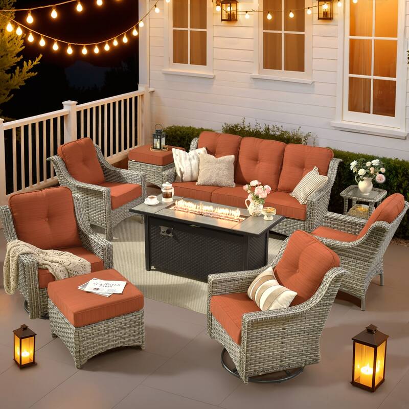 HOOOWOOO 9-piece Patio Furniture Set High Backrest Swivel Chairs with Fire Pit - Red/Orange