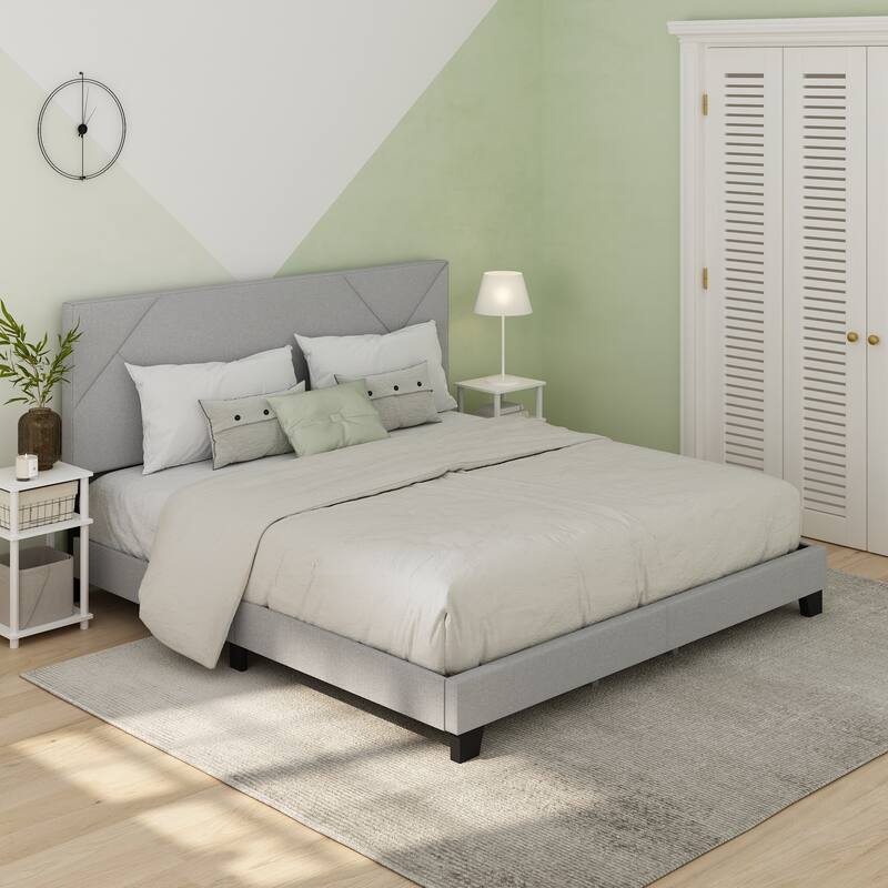 Furinno Skylar Geometric Design Headboard Bedframe, 12PC Slat Style, Glacier, Twin