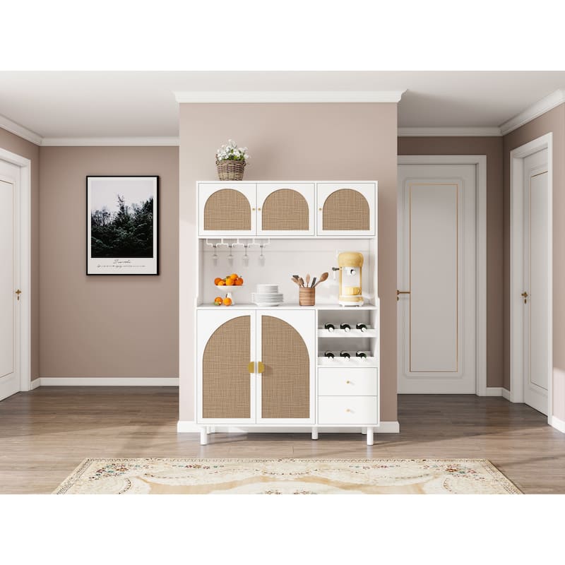 Roomfitters Accent Storage Cabinet with Rattan Doors, Buffet Sideboard with Wine Rack and Drawers, White
