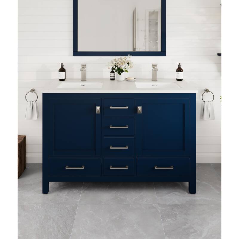 London 48"W Blue DS Bath Vanity with Carrara Quartz Top & Porcelain Sink