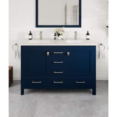 London 48"W Blue DS Bath Vanity with Carrara Quartz Top & Porcelain Sink