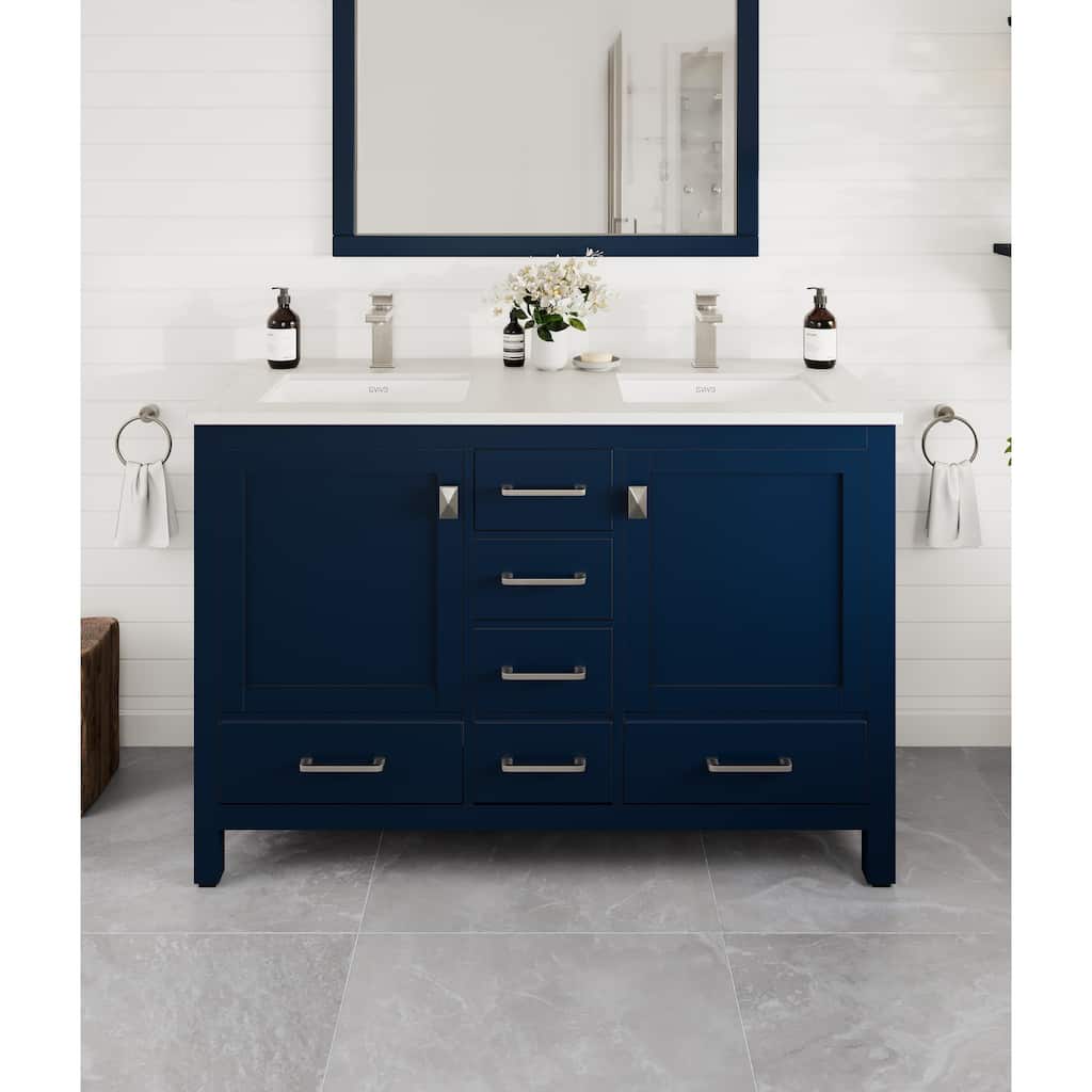 London 48"W Blue DS Bath Vanity with Carrara Quartz Top & Porcelain Sink