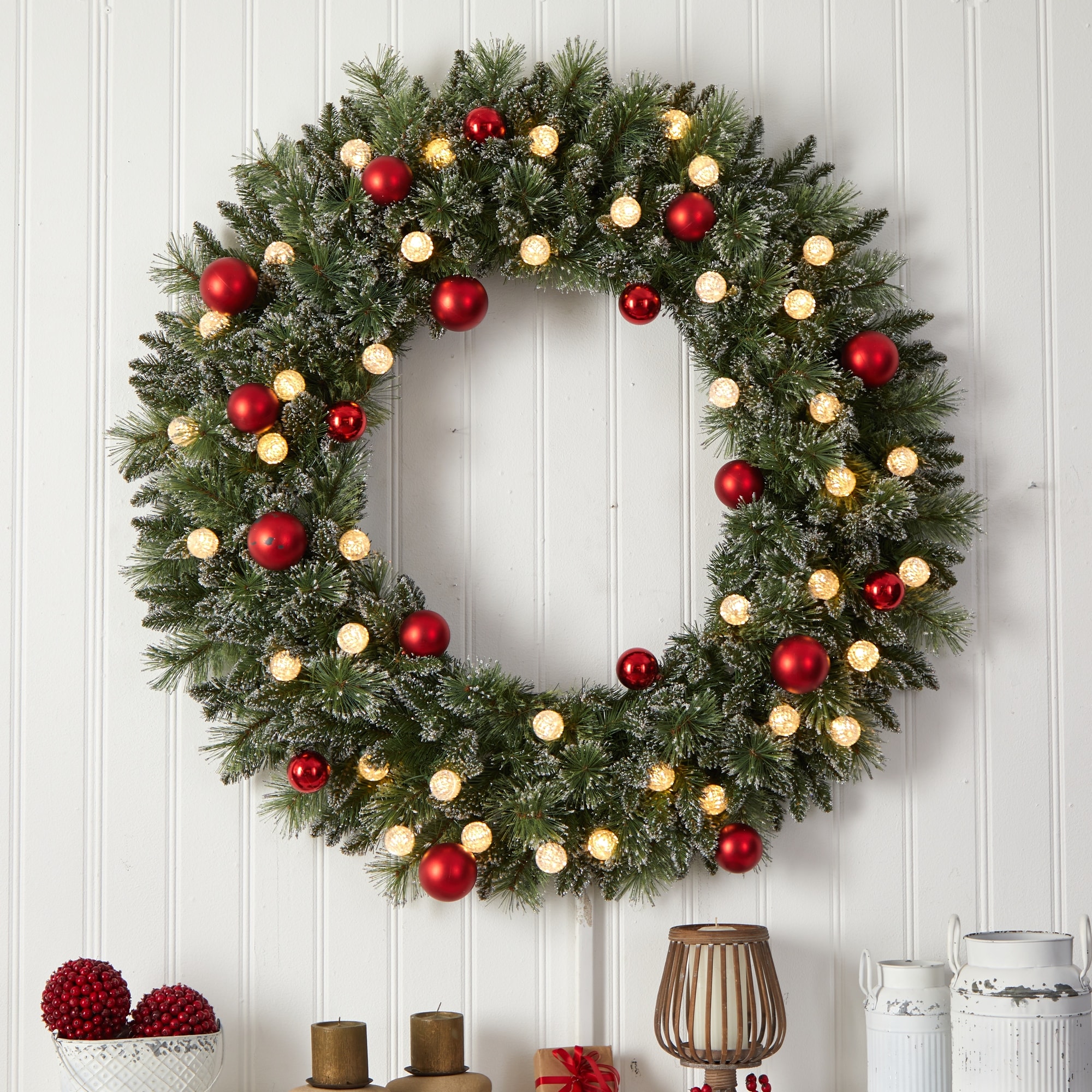 48 inch Oversized Pre Lit Frosted Holiday Christmas Wreath White Green Red 48 H x 48 W x 8 D
