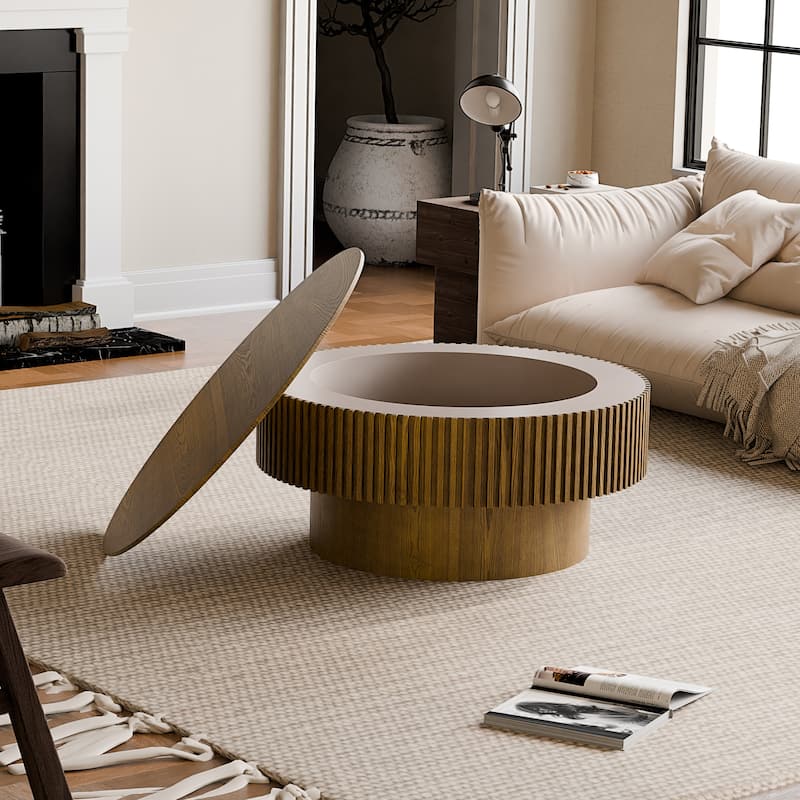 Modern 31.5" Round Coffee Table with Storage Solid Wood Veneer for Living Room and Bedroom Use