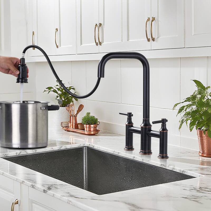 WOWOW Double Handle Bridge Kitchen Faucet with Advanced Spray