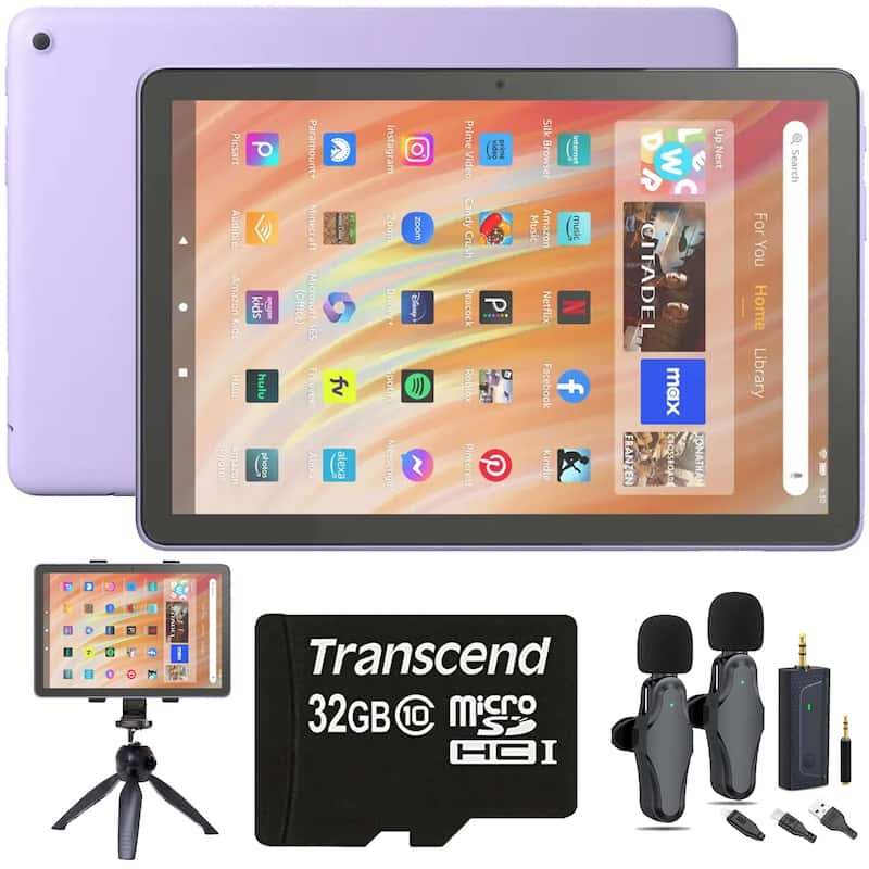 Amazon Fire HD 10 64GB 10.1" Tablet with Wi-Fi - 13th Gen (Lilac) + Recording Set for Podcasters and Youtubers - Purple