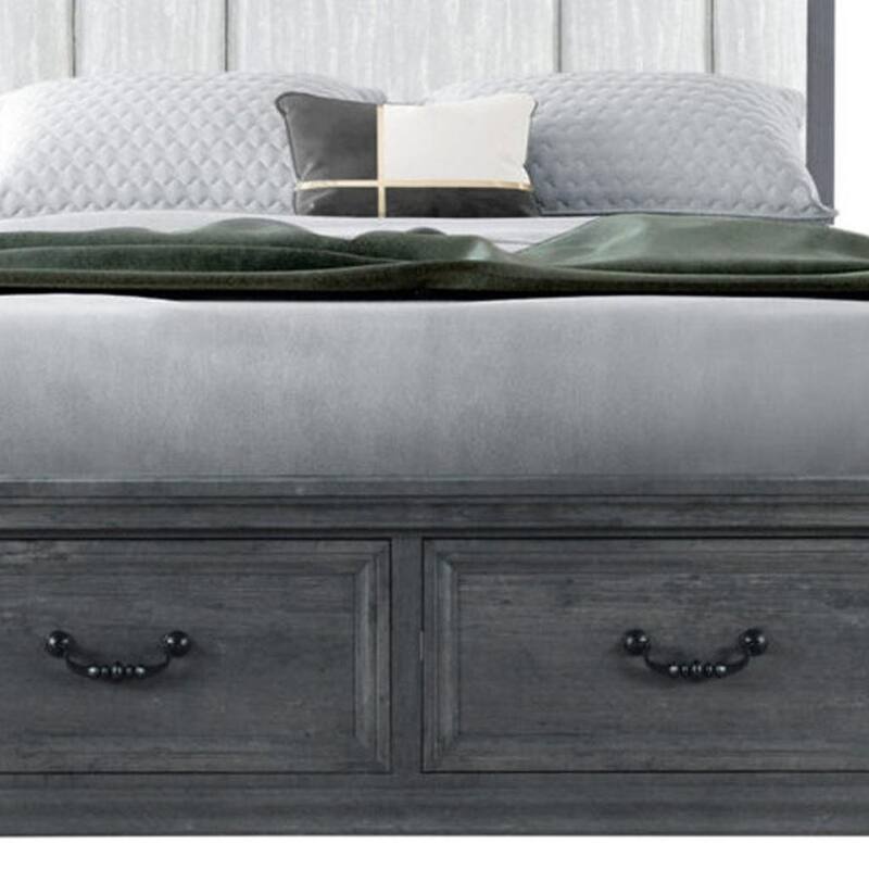 HomeRoots Gray Distressed Wood And Upholstery King Bed Frame With Drawers