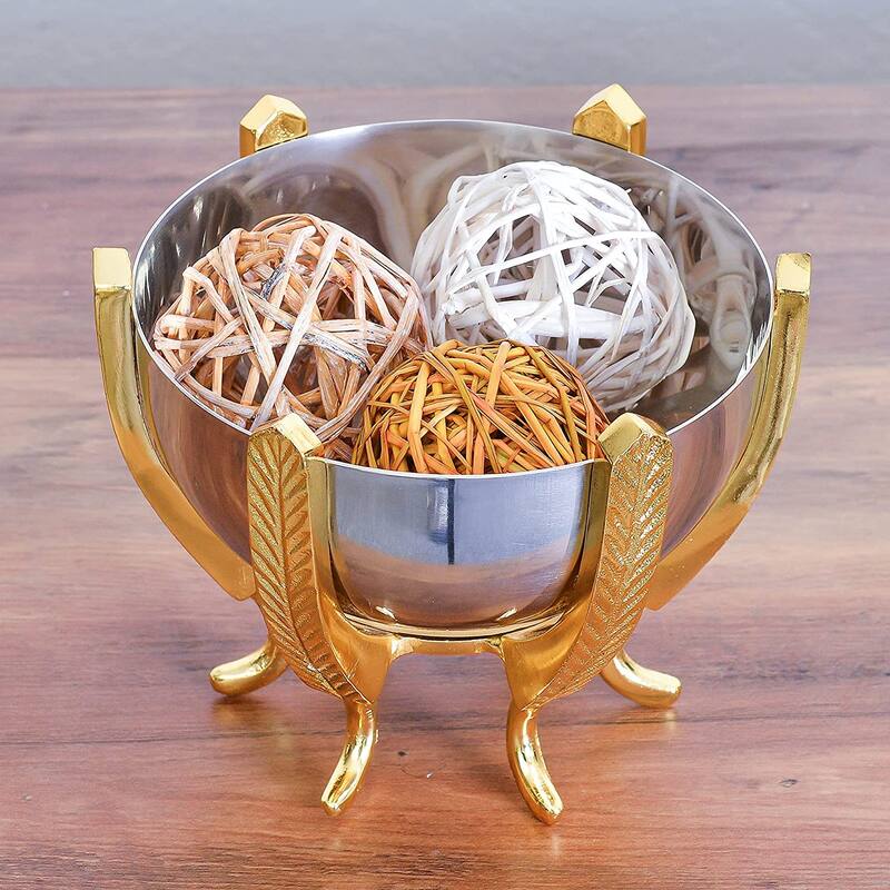 Berkware Shiny Stainless Steel Decorative Bowl on Elegant Gold Base