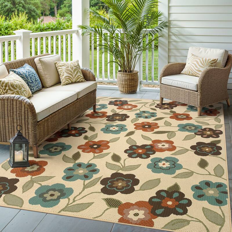 Vista Home Malta Floral Garden Indoor-Outdoor Area Rug - 6' 7" x 9' 6" - Cream/Brown - Rectangle