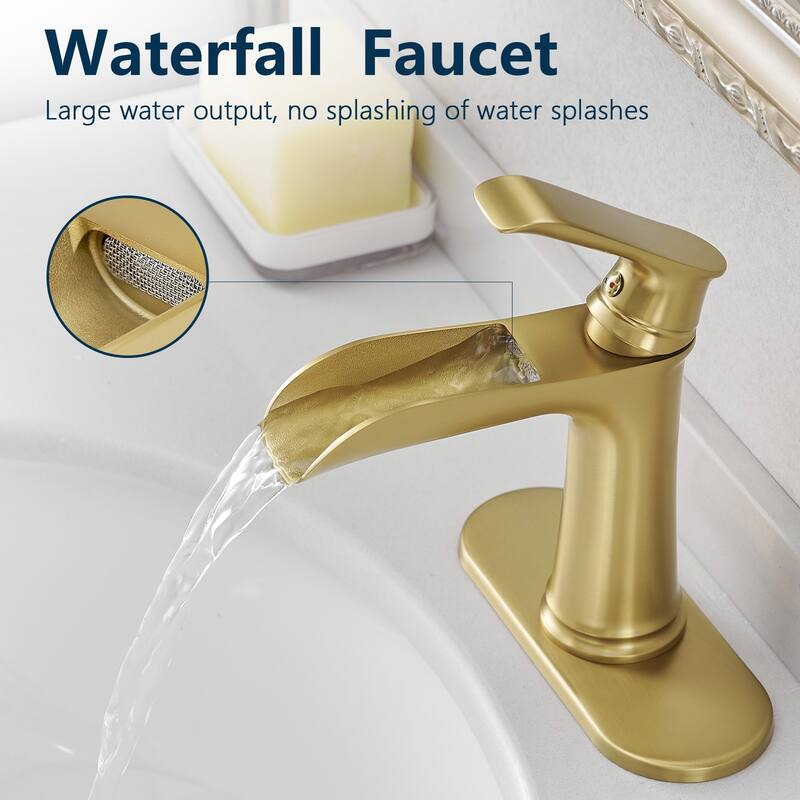 Modern Single Handle Single Hole Bathroom Sink Faucet with Pop Up Drain and Supply Line, Waterfall Spout Design