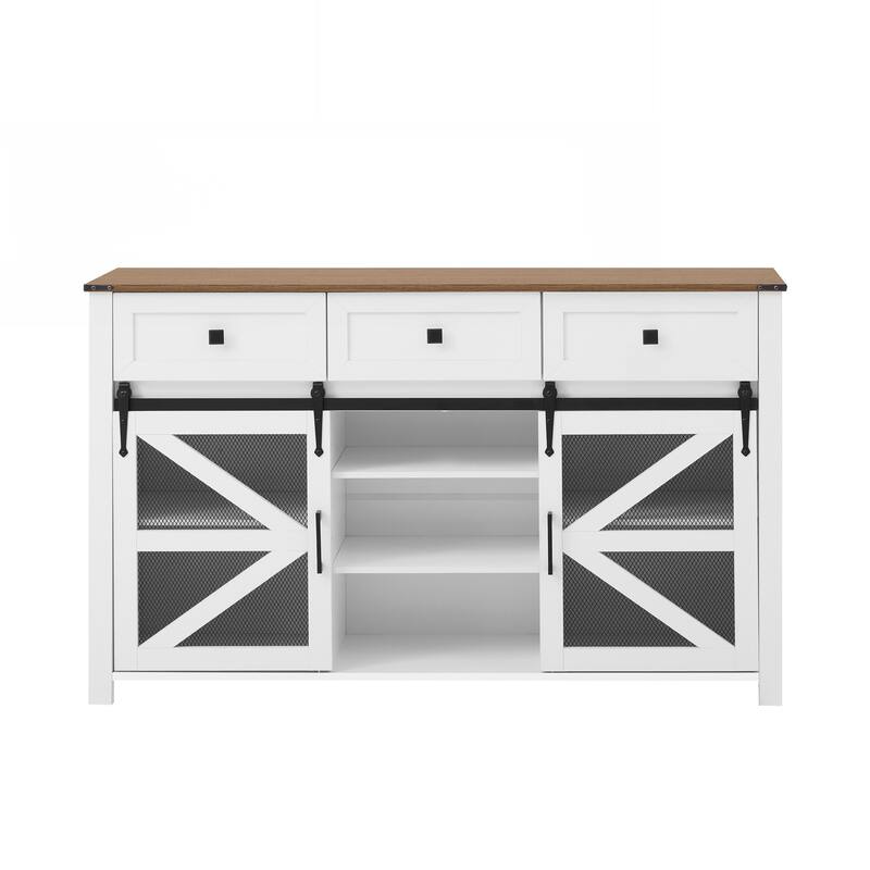 Sliding Barn Door Sideboard Buffet Cabinet with 3 Drawers, Adjustable Shelves