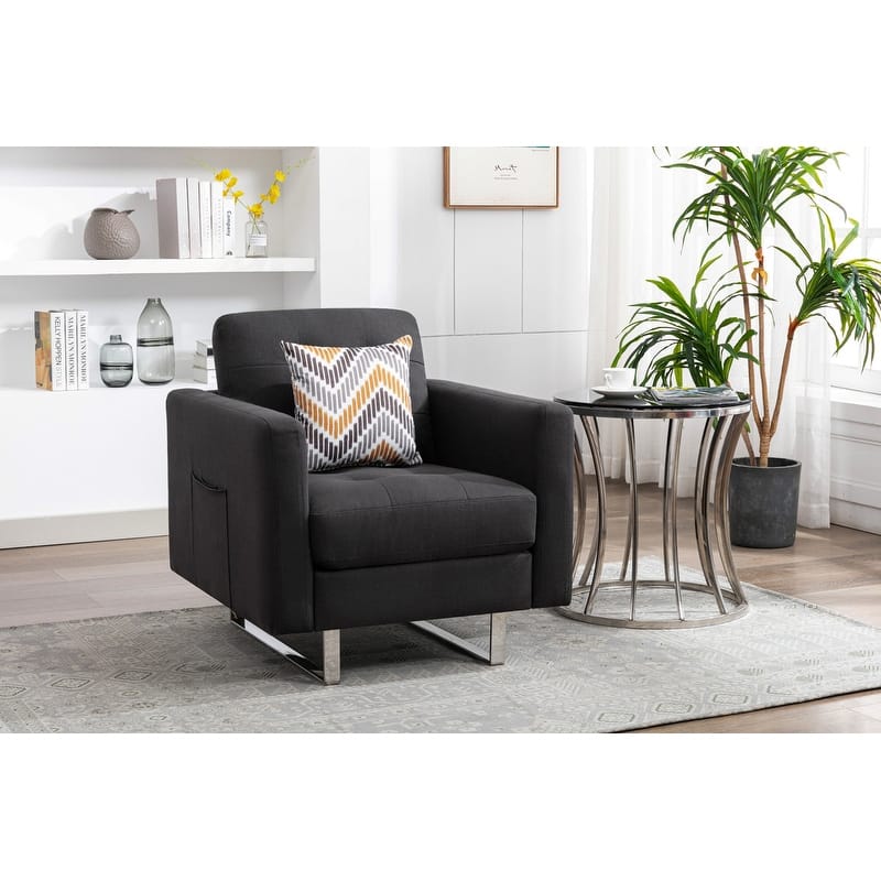 33.5" Linen Fabric Armchair with Metal Legs, Side Pockets, and Pillow - Grey