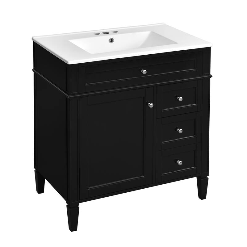 GDFStudio - Caldwell Modern Bathroom Vanity with Ceramic Sink, 2 Storage Drawers and Tip-Out Organizer - 30'W