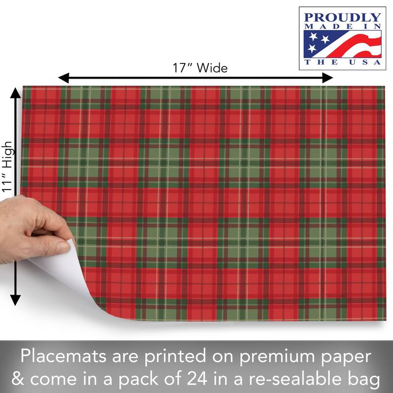 Classic Christmas Plaid 24 Sheet Reusable Premium Paper Stock Placemats in Resealable Storage Bag Made in The USA 17" x 11"
