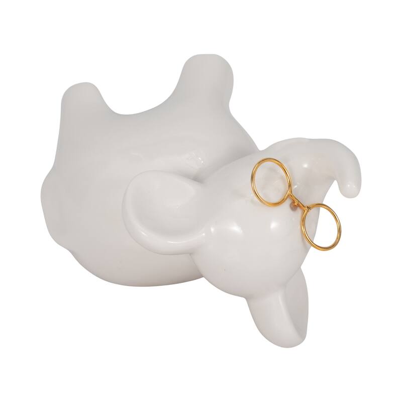 Sagebrook Home Ceramic Elephant Figurine With Glasses, Whimsical White and Gold Decor Accent - 5.5" x 4" x 5.5"