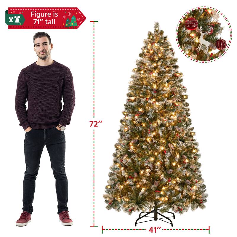 Yaheetech 6ft/7.5ft Pre-lit Frosted Artificial Christmas Tree with Pinecones & Holly Berries, Green
