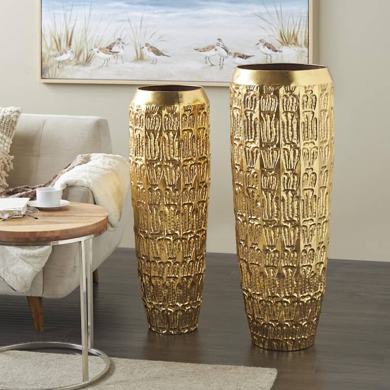 Metal Tall Decorative Vase with Grooved Patterns - Set of 2 Gold - Roche River Decor